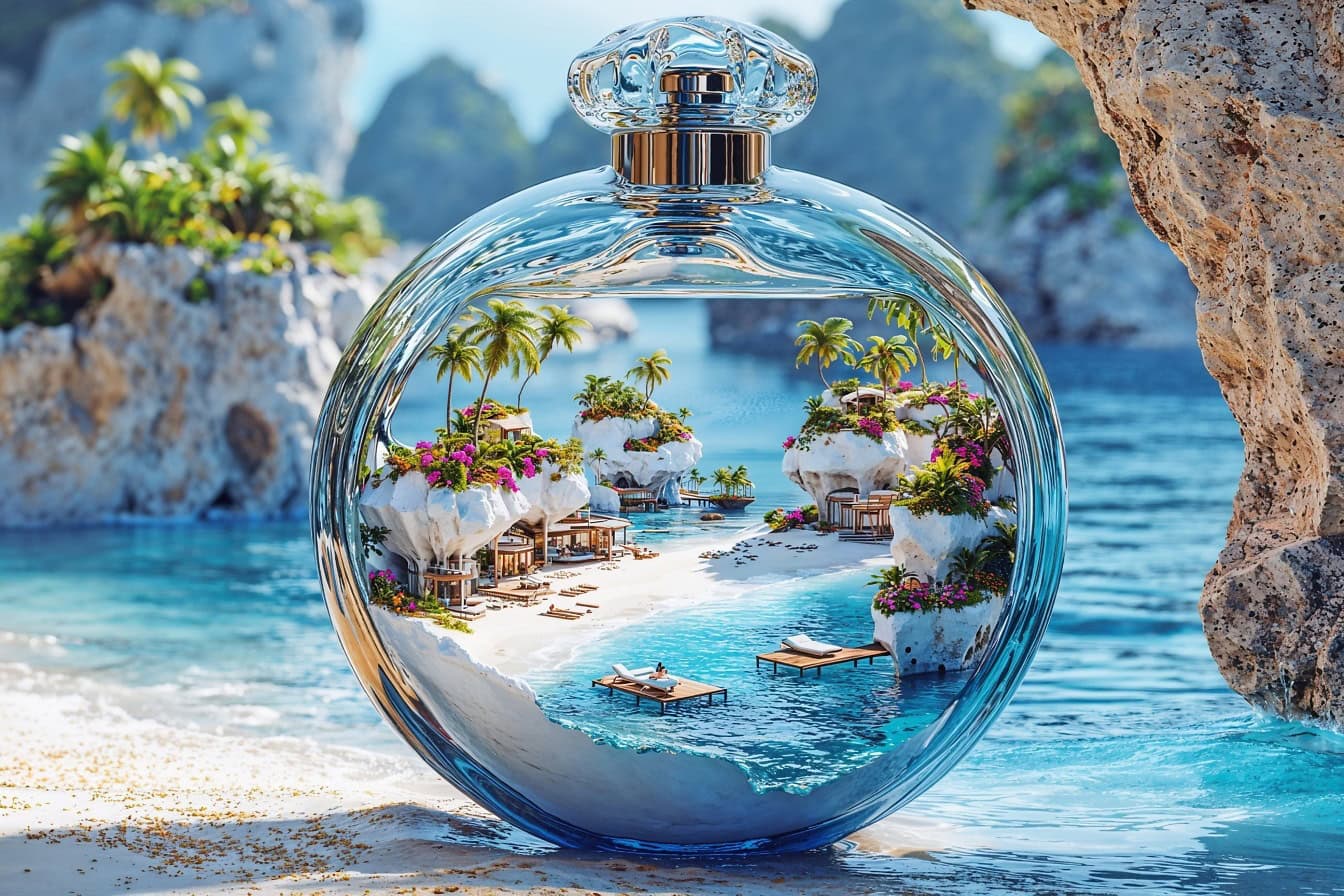 Hyper realistic graphic of a glass bottle with a beach scene inside