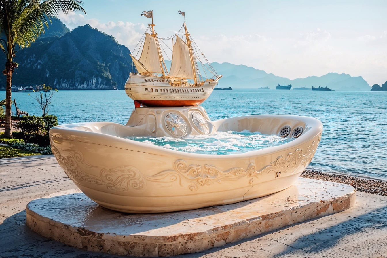 Mini hot tub with sailboat decoration on top of the bathtub on the terrace by the beach, an open air bathroom