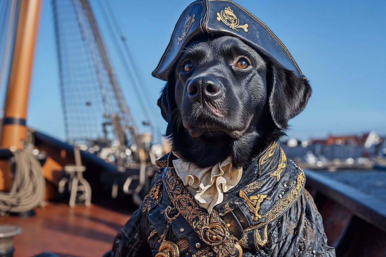 Bir evcil hayvan portresi, korsan kostümü giymiş siyah bir Labrador retriever