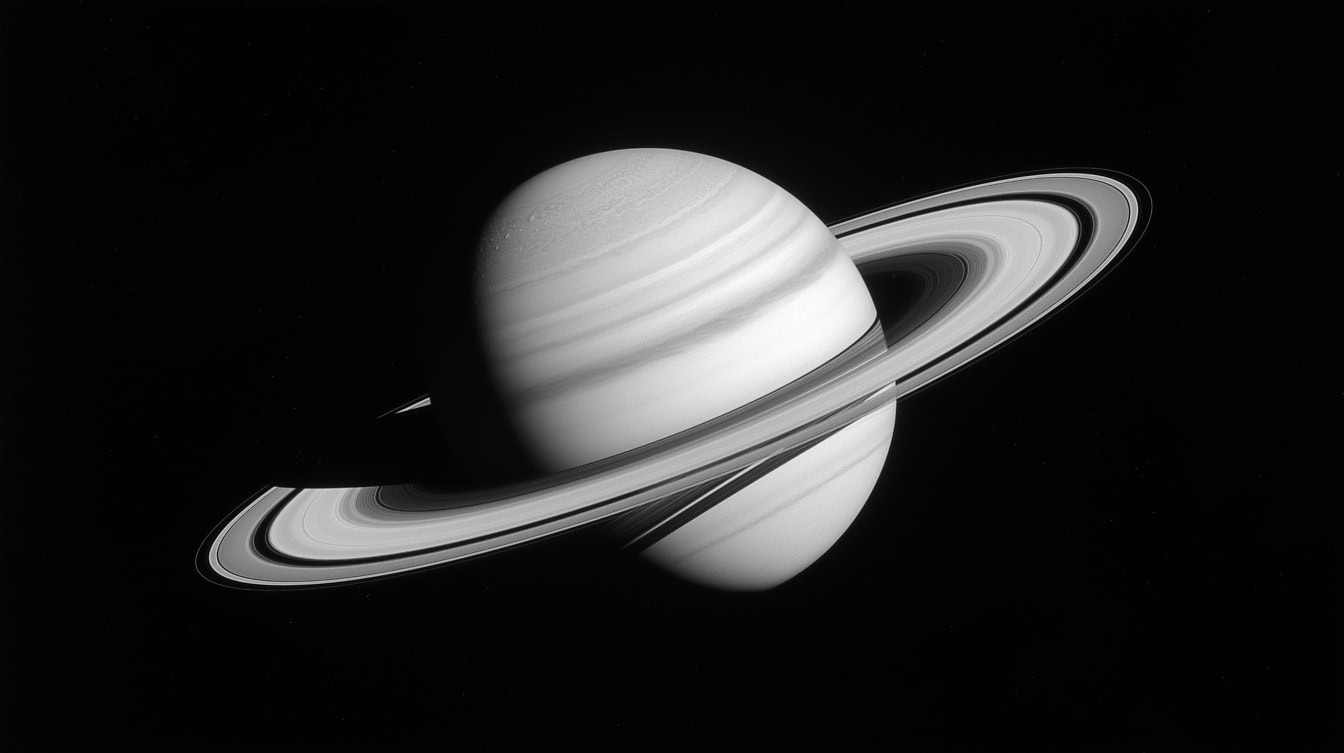 Foto en blanco y negro del planeta Saturno con anillos a su alrededor