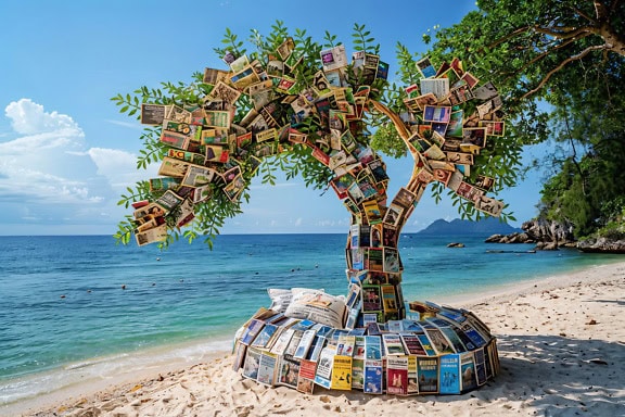 Baum aus Büchern an einem tropischen Karibikstrand, eine kreative Fotomontage und perfekter Ort, um sich mit einem Buch am Strand auszuruhen