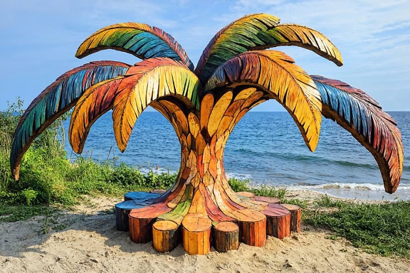 Bunte Holzskulptur in Form einer Palme an einem Strand