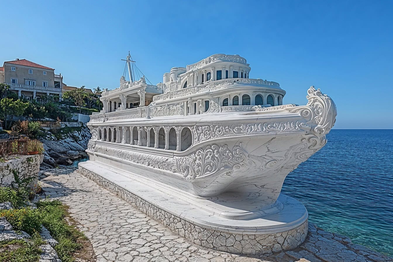 En förstklassig skulptur huggen ur vit marmor i form av ett skepp på en stenig strand