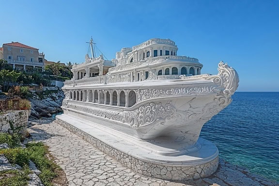 En förstklassig skulptur huggen ur vit marmor i form av ett skepp på en stenig strand