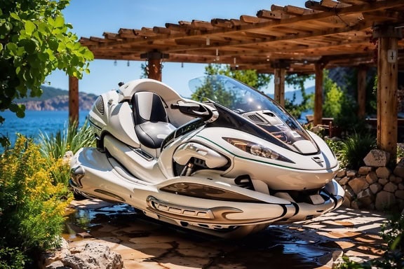 Jet ski moderne blanc garé sur un patio en pierre dans la cour arrière