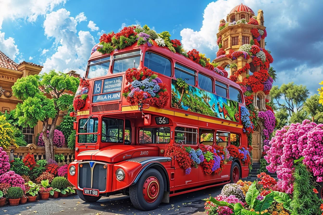 Bus tingkat merah ikonik London diparkir di taman berbunga dengan bunga-bunga warna-warni di sampingnya, sebuah mahakarya montase foto