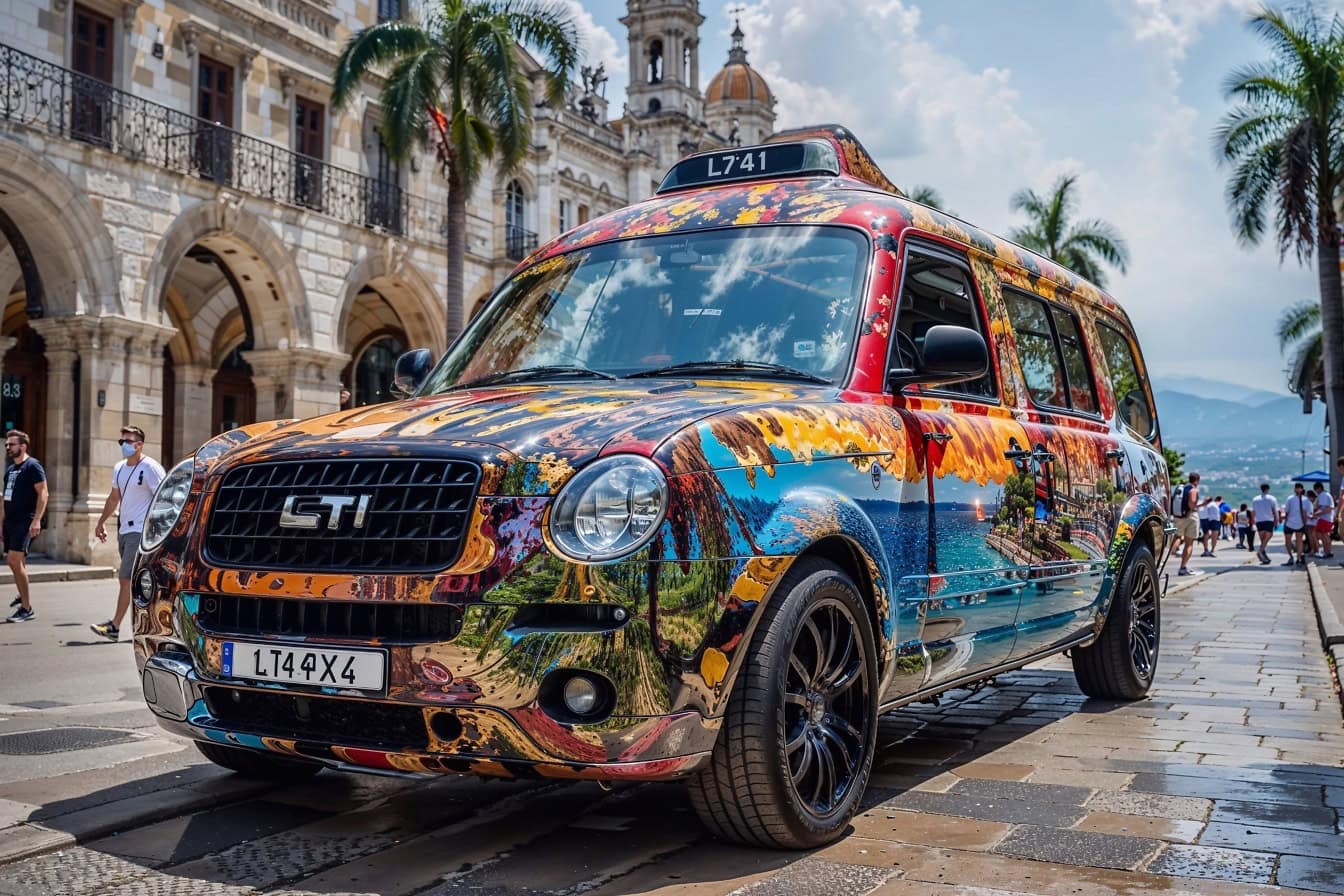 Barevné taxi auto zaparkované na ulici