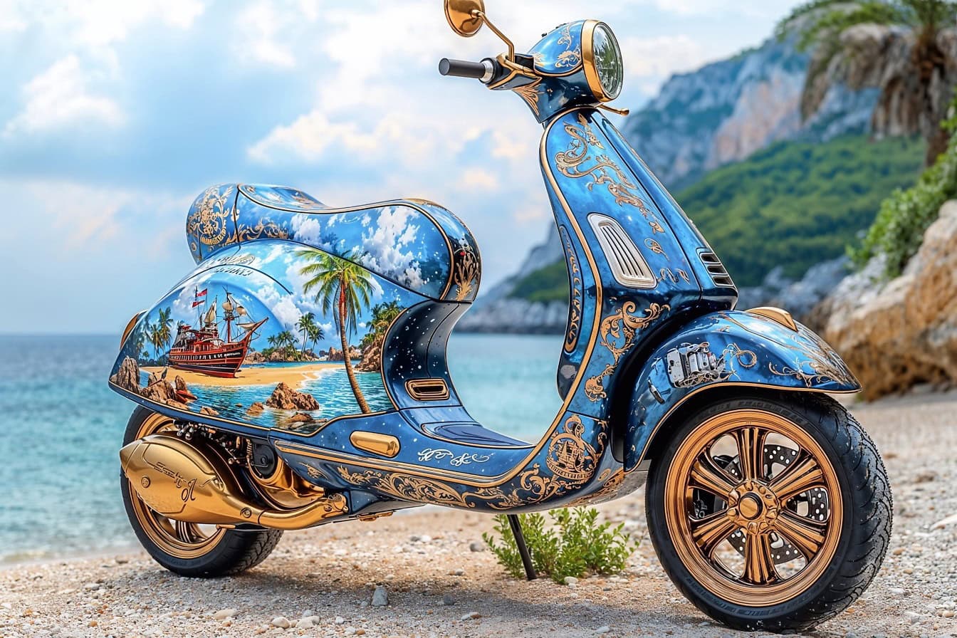 老式蓝色 Vespa 踏板车，停在海滩上的蓝色和金色三轮车