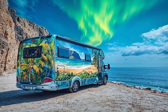 Een recreatievoertuig of camper geparkeerd op een strand met aurora borealis aan de hemel