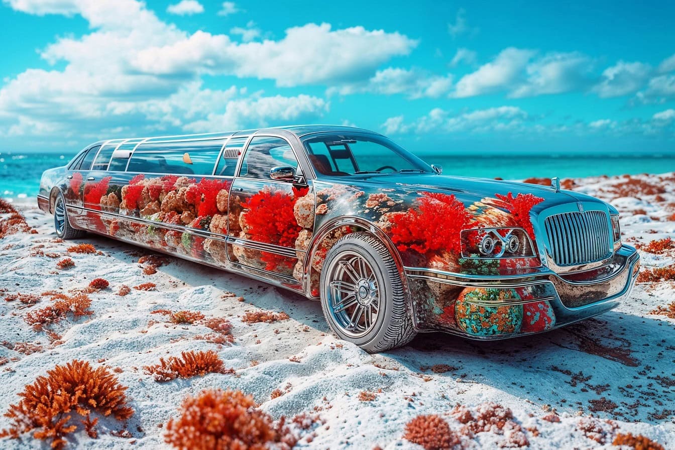 Exceptional graphic design of a limo car with picture of corals on it parked on a sandy beach