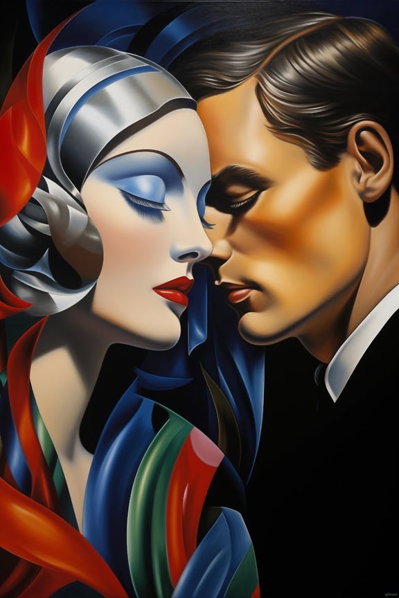 Gaya Art Deco dari tahun 1920-an, gaya Tamara de Lempicka, potret close-up pria dan wanita dengan mata tertutup