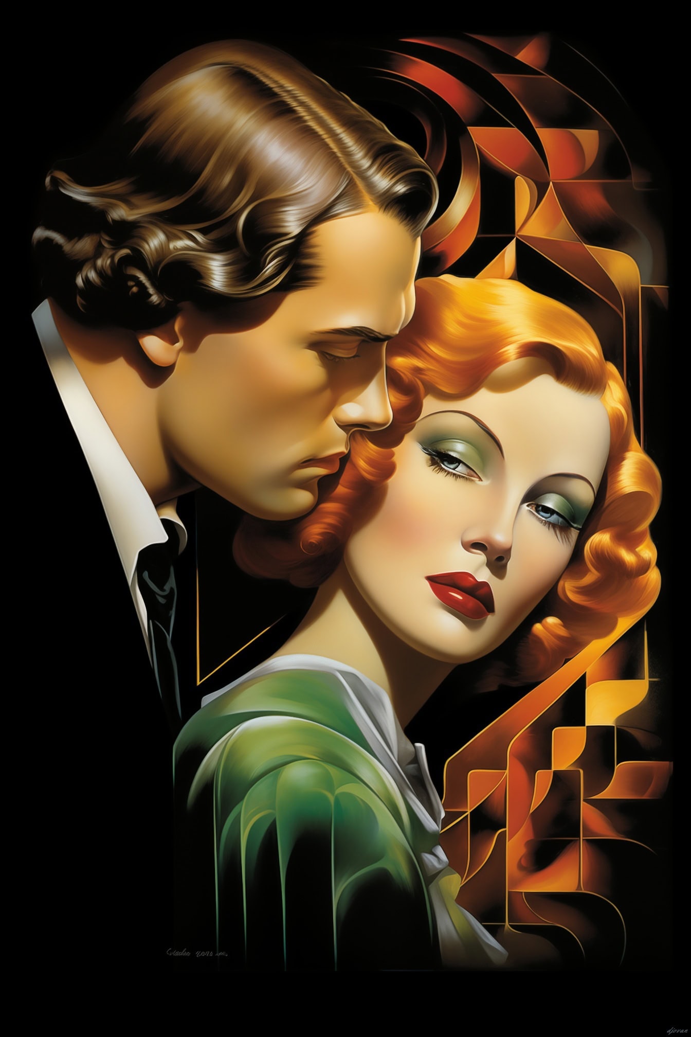 Poster digital romantis seorang pria dengan tuksedo dan seorang wanita dengan rambut merah dan gaun hijau, perpaduan seni pop dan gaya Art Deco Prancis dari tahun 1920-an dan 1930-an