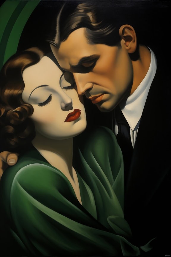 Tamara de Lempicka’nın sanat eseri tarzında bir sanat eseri, gözleri kapalı bir erkek ve kadının dijital Art Deco tarzı illüstrasyonu