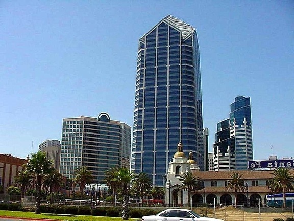 Diego, gebouwen, hoog, opkomst, skyline