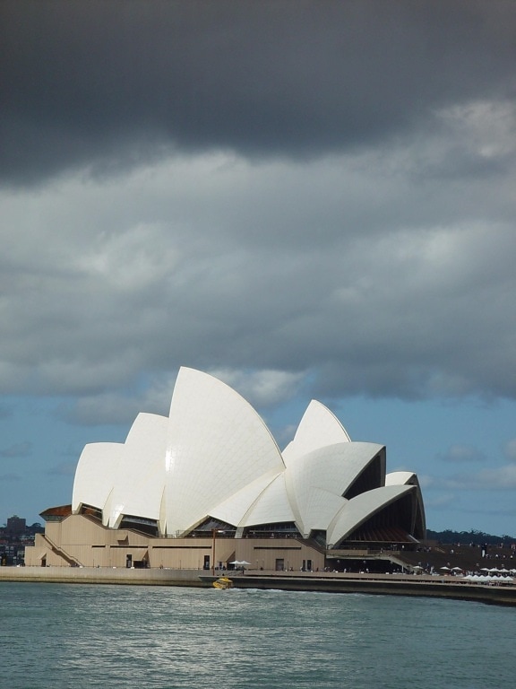 Sydney opera house, zonlicht, gesteund, wolk