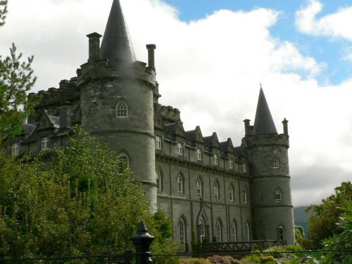 Exterior of fairytale medieval castle with towers