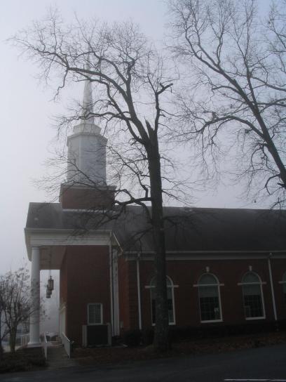 église, brouillard, arbre
