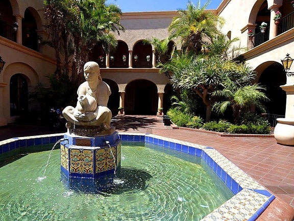 fountain, courtyard, house