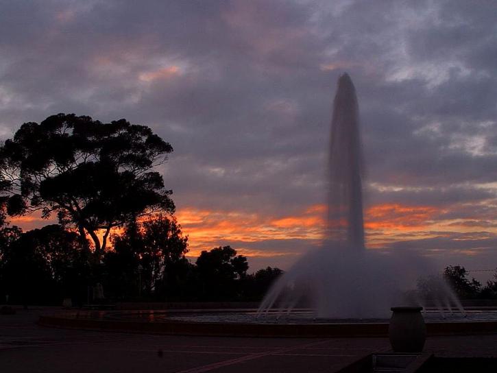 fountains, sunrises, clouds, mornings