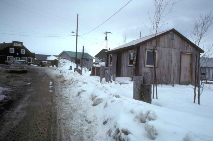 積雪、木、家、泥だらけの道