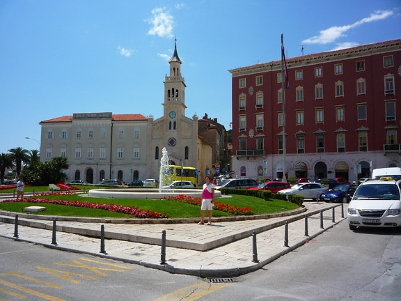 gaten, blomster, park, foran, katolske kirke
