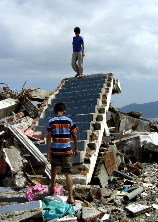 tsunami, math, Indonesia, destroyed, housing, boys, destroyed, stairs, house