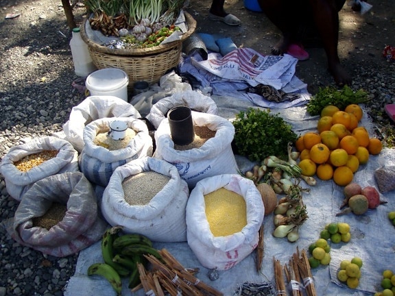jute, fruit, groenten, zakjes, verschillende, korrels, verkoop