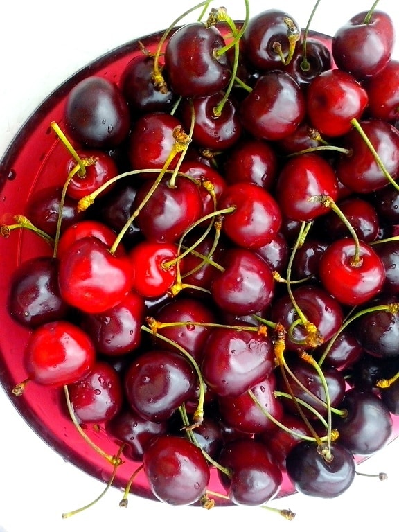 ripe, cherries, bowl, white background