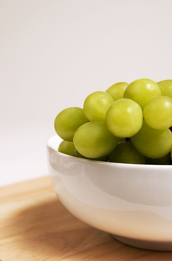 ceramic, bowl, filled, bunch, green, colored, white, table, grapes