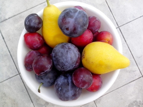 ripe, pears, blue, red, plums, bowl