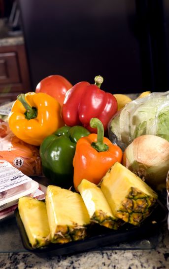 peberfrugt, rød, gul, grøn, orange, taske, skiver, gulerødder, frisk, skåret, ananas, sød, løg