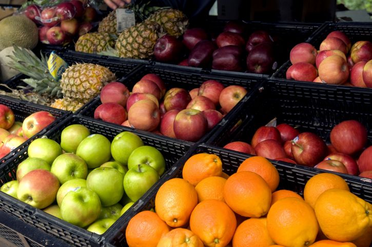 fructe diverse, display, şase, soiuri, mere, ananas, buric, portocale