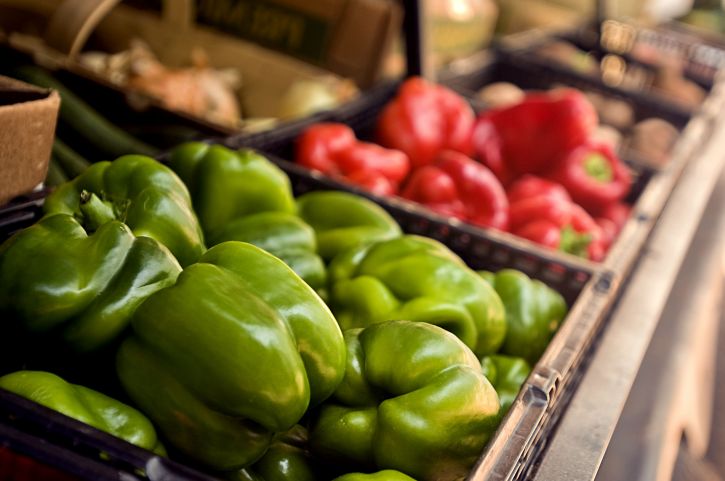 up-close, basket, green, bell peppers