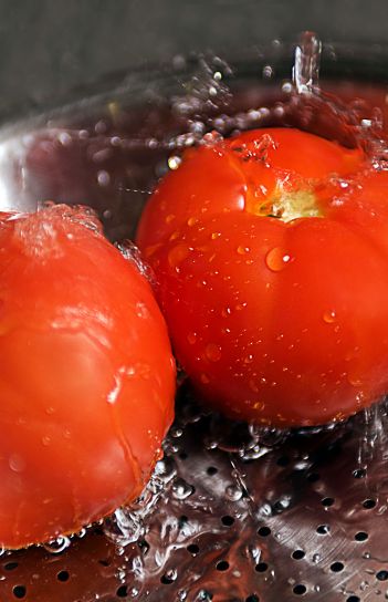up-close, two, bright red, tomatoes, washed