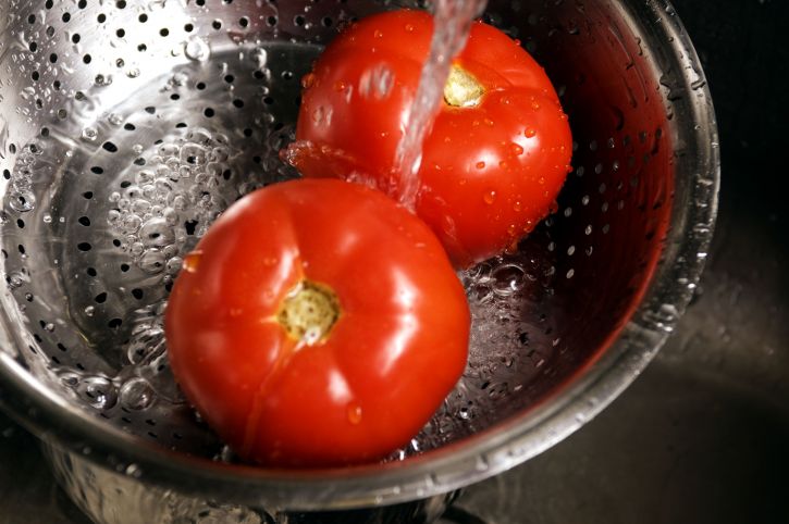 two, bright red, tomatoes, washed, clean, stream, fresh, water