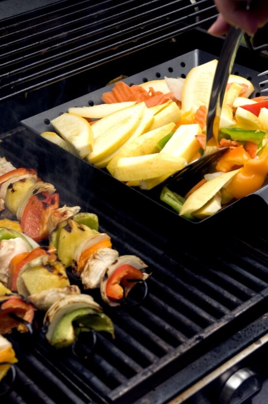 freshly, prepared, kabobs, outdoor, stainless, steel, gas, grill