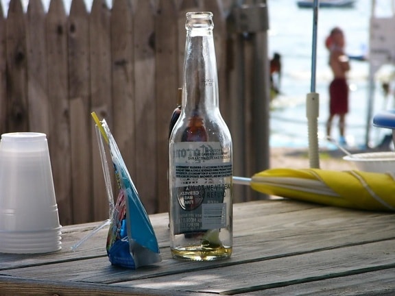 beer, bottle, picnic, table, beach