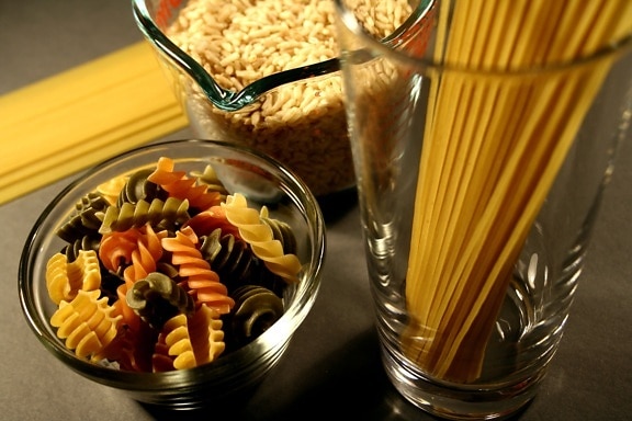 ugljikohidrata, bogat, hrana, piće, staklo, špageti
