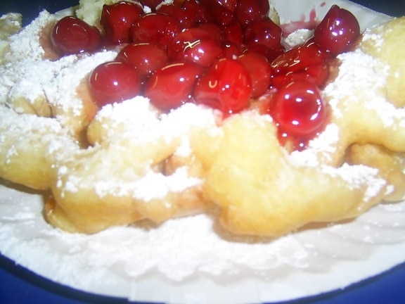 closeup, American, cherry, funnel, cake