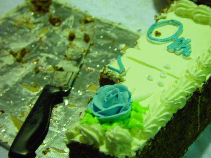 succesvolle, party, blauw, icing, rose, knippen, verjaardag, cake