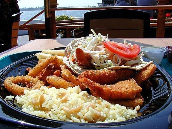 ocean, bays, food, fried, clamari, fish, rice, plate