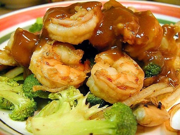 shrimp, teriyaki, plate, food