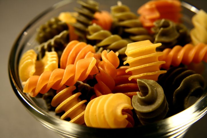 small, glass, bowl, filled, uncooked, carbohydrate, rich, colorfull, pasta