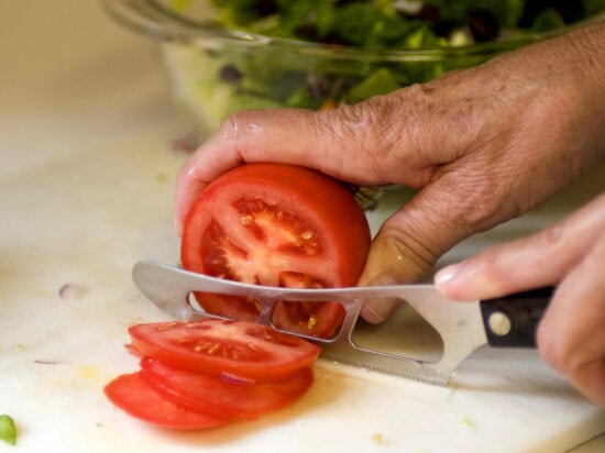 woman, process, slicing, fresh, washed, ripe, red, tomato
