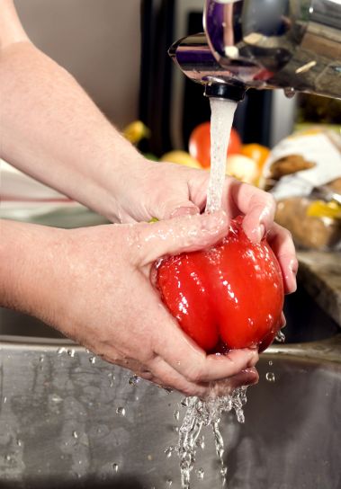 umývanie, červená, paprika, čerstvé, beh, ťuknite, voda