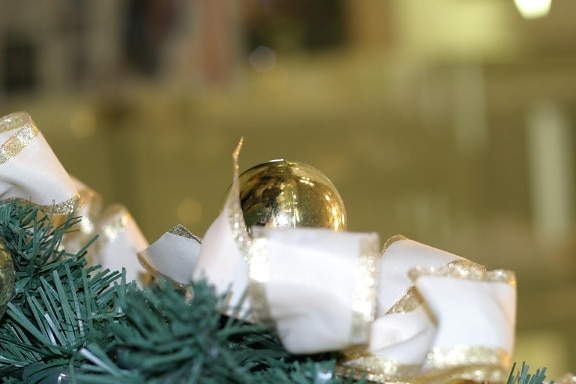 golden, Christmas, bauble, white, ribbon
