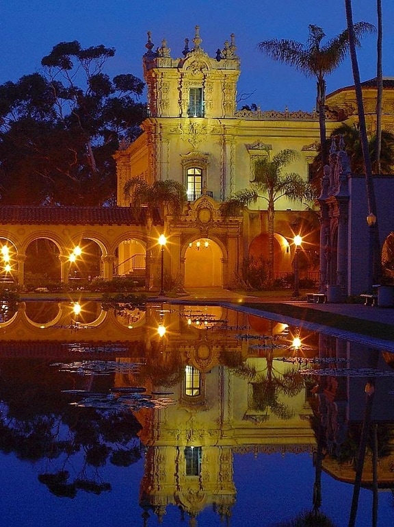Balboa, parken, vijvers, reflections, lichten, nacht, ochtend