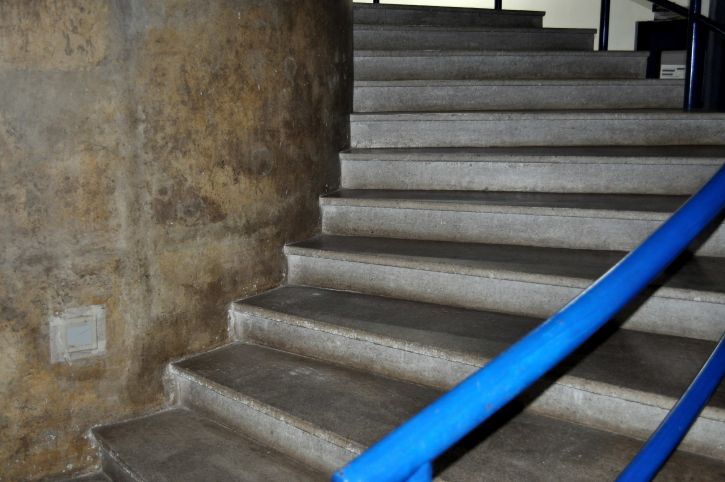 béton, escalier, rue, bleu, main courante