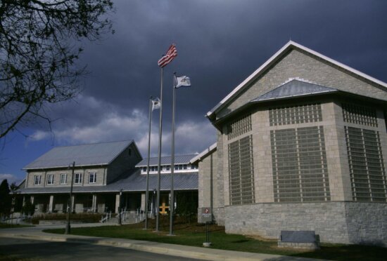 main, entry, building, flags, flying