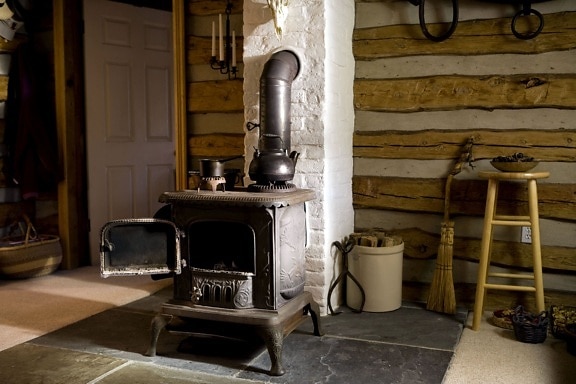 old, cast, iron, wood, stove, home, interior